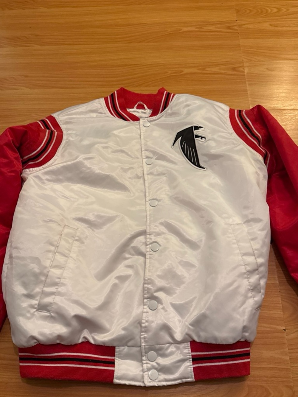Starter Atlanta Falcons White and Red Faux-Satin Bomber Jacket Jacket